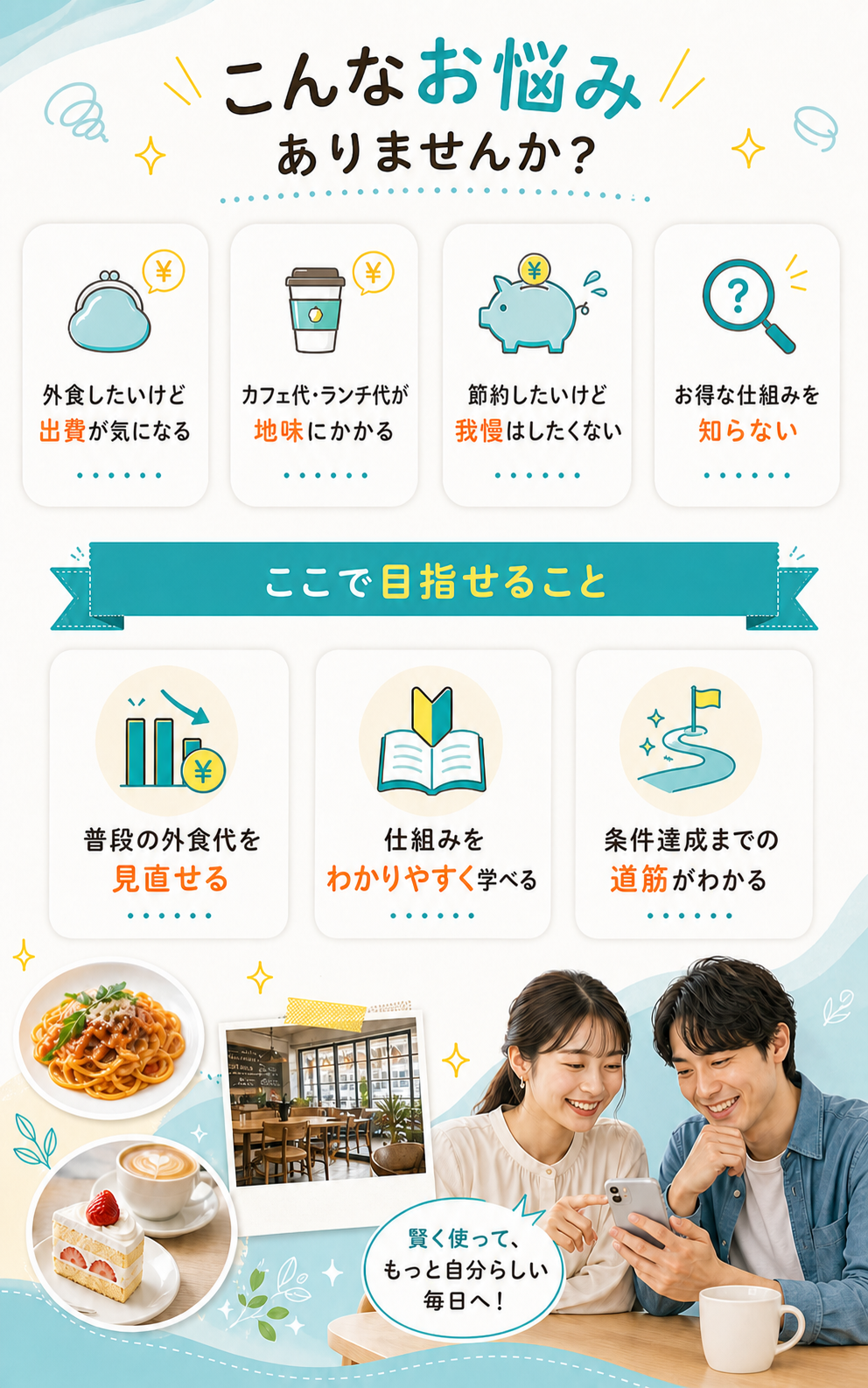 こんなお悩みありませんか？外食したいけど出費が気になる、カフェ代やランチ代が地味にかかる、節約したいけど我慢はしたくない、お得な仕組みを知らない。ここで、普段の外食代を見直せる、仕組みをわかりやすく学べる、条件達成までの道筋がわかる。