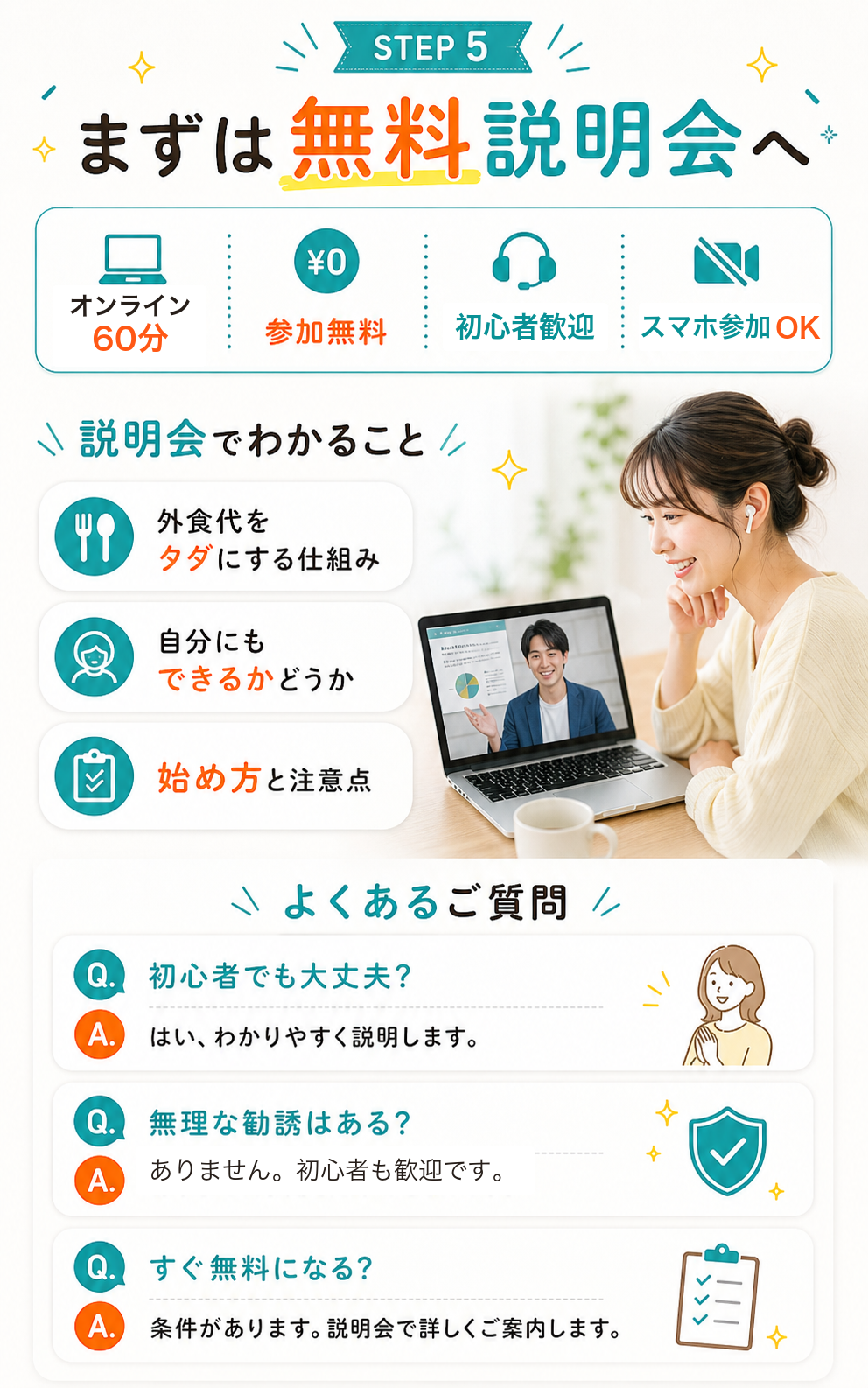 まずは無料説明会へ。オンライン60分、参加無料、初心者歓迎、スマホ参加OK。説明会でわかることは外食代をタダにする仕組み、自分にもできるかどうか、始め方と注意点。初心者でも大丈夫、無理な勧誘はありません、すぐ無料になるかは条件があります。